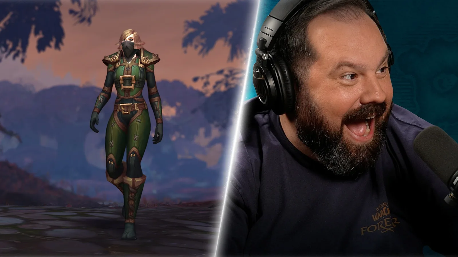 A character in green and gold armor on a purple-lit road, beside a podcast host in headphones at a microphone