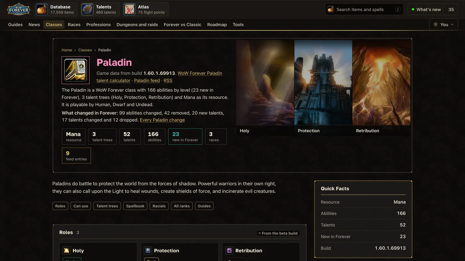 The Paladin class page on wow-forever.gg: abilities by level, talents and races, build 1.60.1.69913