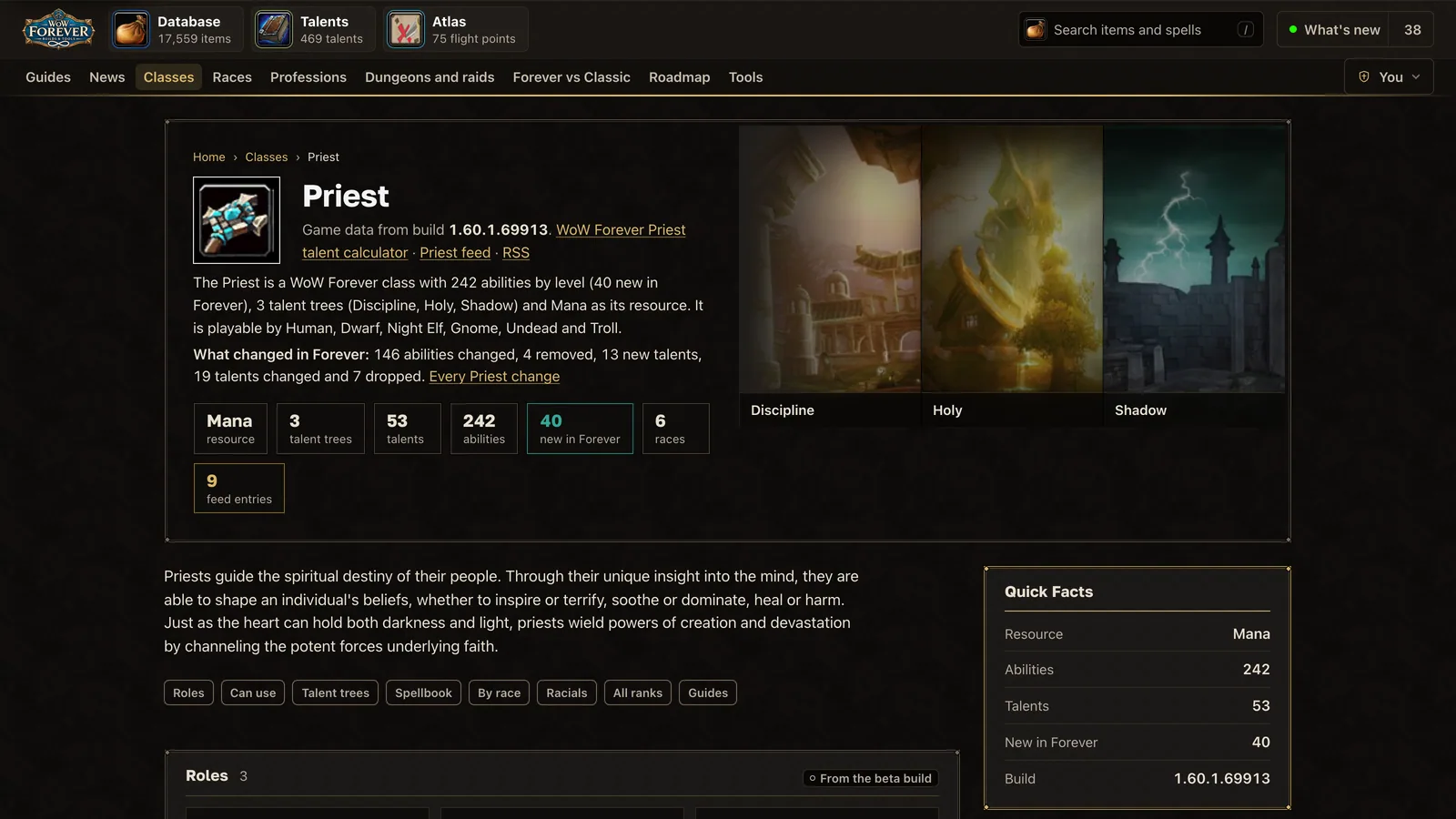 The Priest class page on wow-forever.gg: abilities by level, talents and races, build 1.60.1.69913