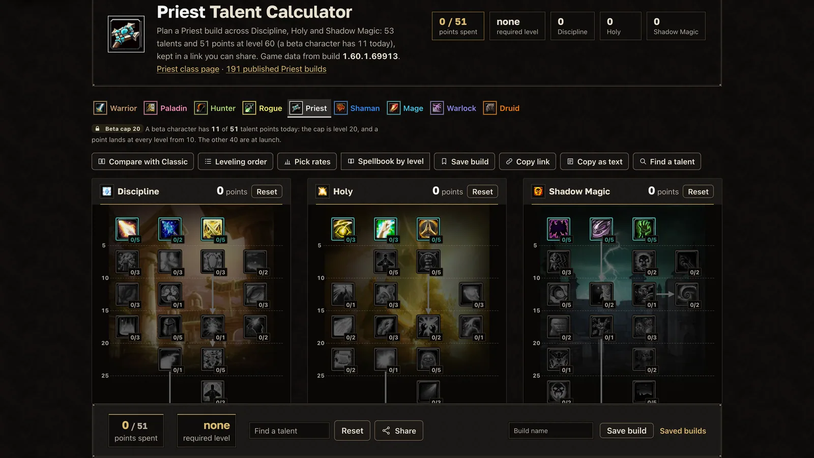 The Priest talent trees on wow-forever.gg, the Holy tree in view