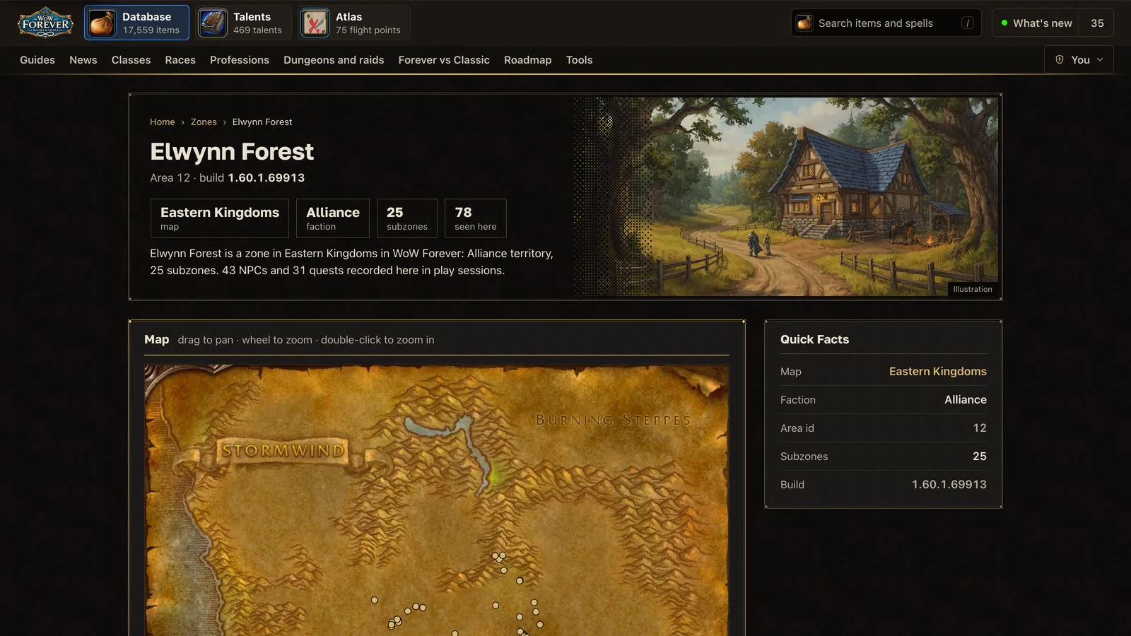 The Elwynn Forest zone page on wow-forever.gg, with its map and quick facts