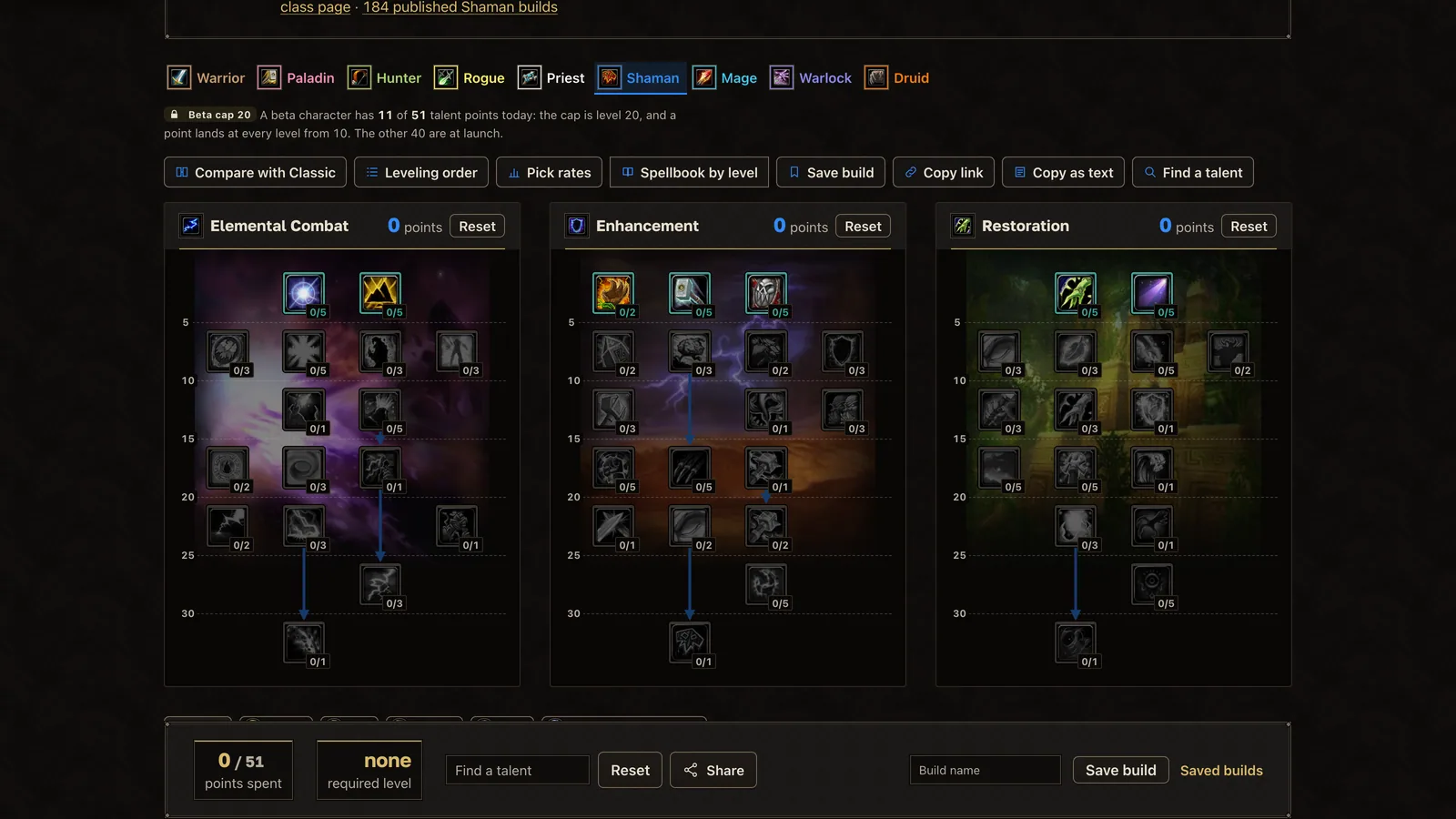 The Shaman talent trees on wow-forever.gg, the Elemental Combat tree in view