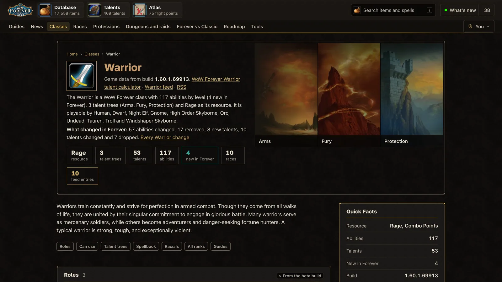 The Warrior class page on wow-forever.gg: abilities by level, talents and races, build 1.60.1.69913