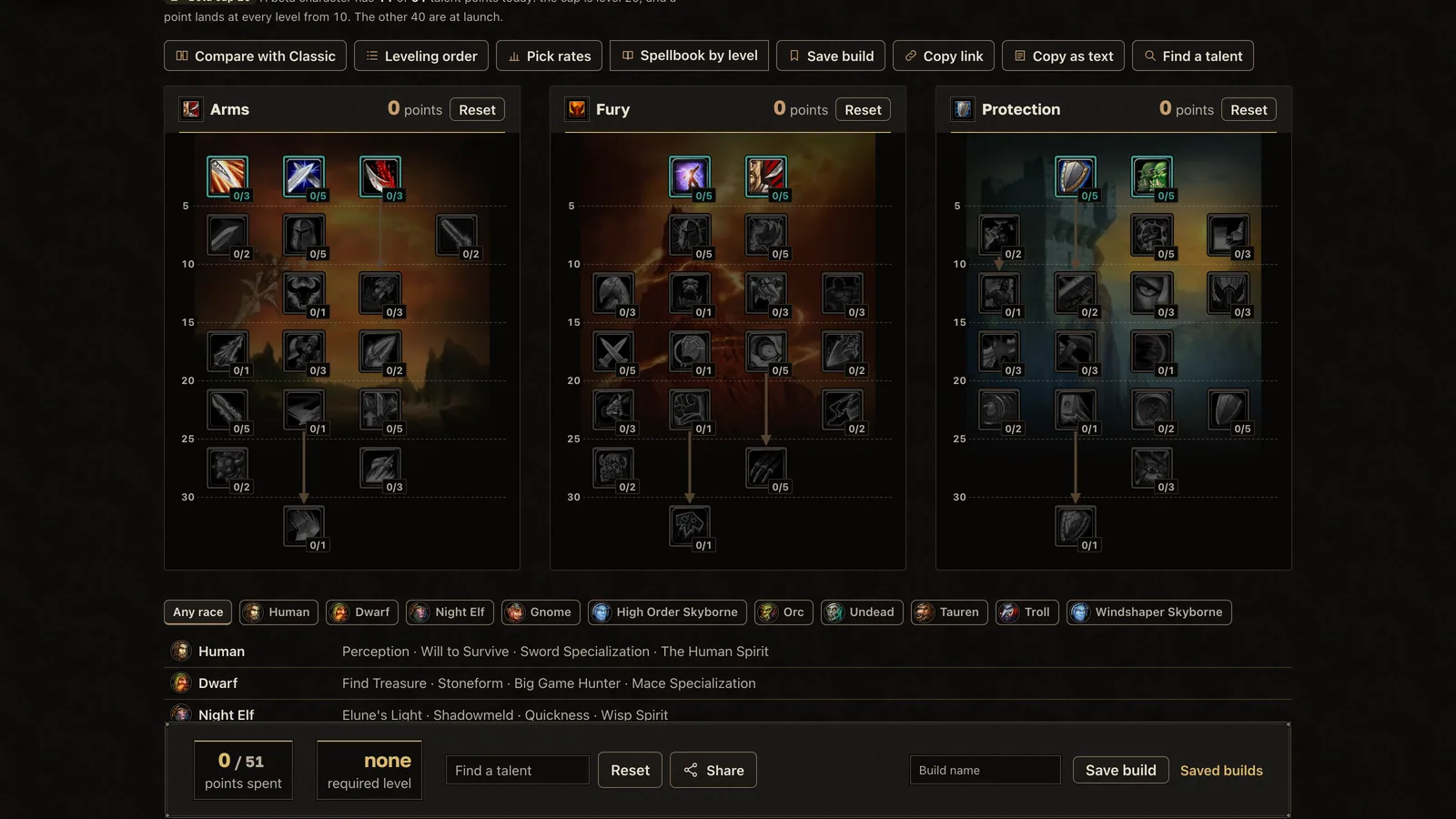 The Warrior talent trees on wow-forever.gg, the Arms tree in view