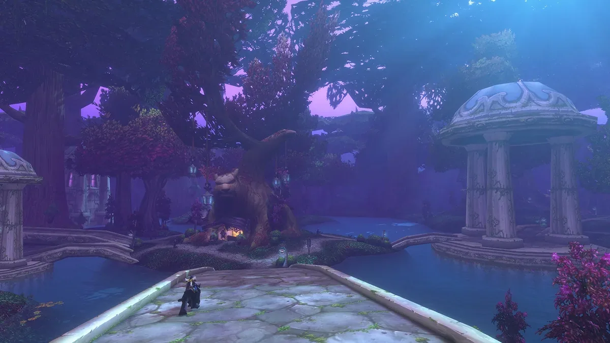 A purple-lit forest city: a stone walkway over water toward a great tree with lanterns, between white columns
