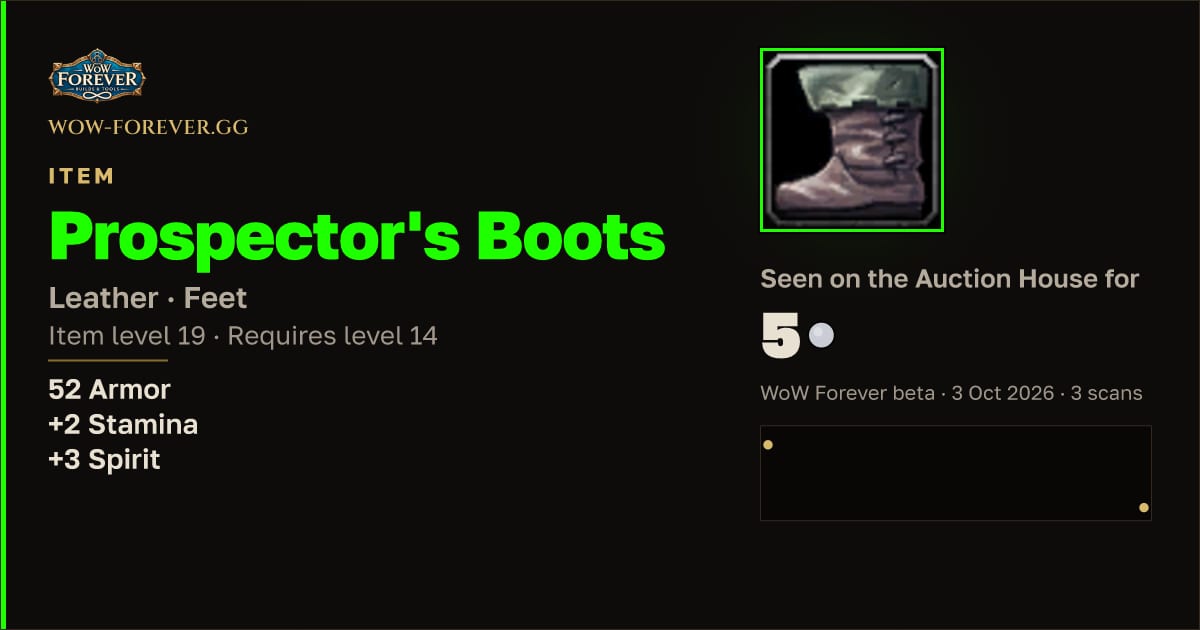The preview card for Prospector's Boots
