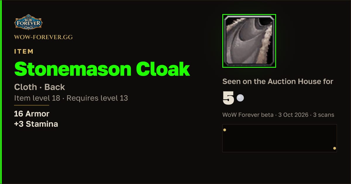 The preview card for Stonemason Cloak