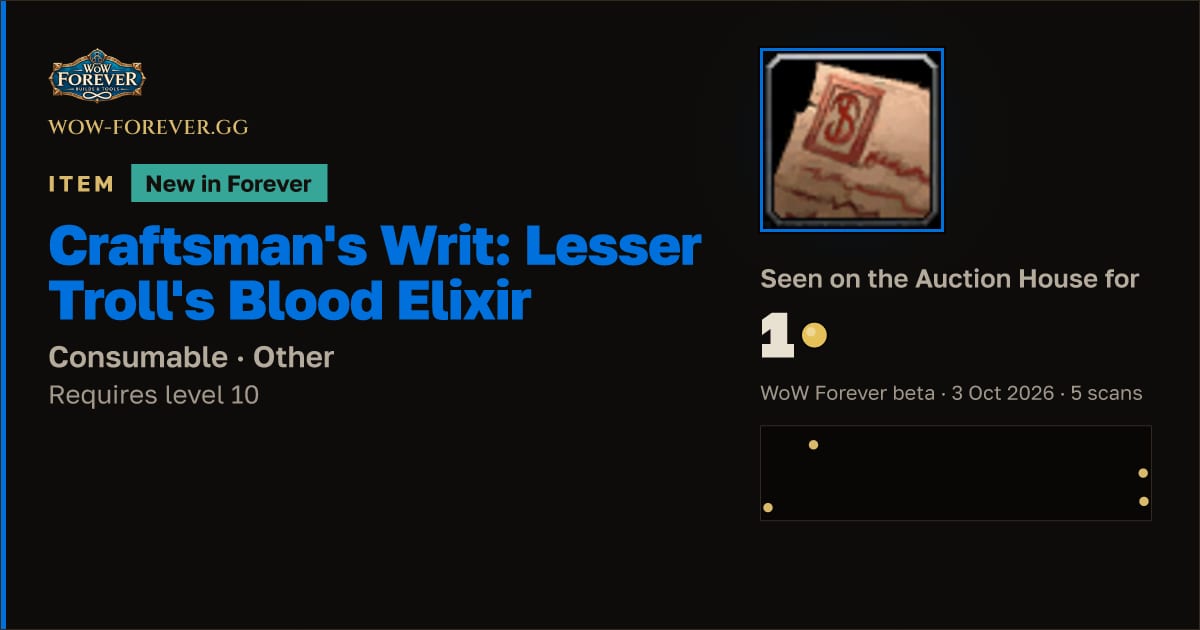 The preview card for Craftsman's Writ: Lesser Troll's Blood Elixir