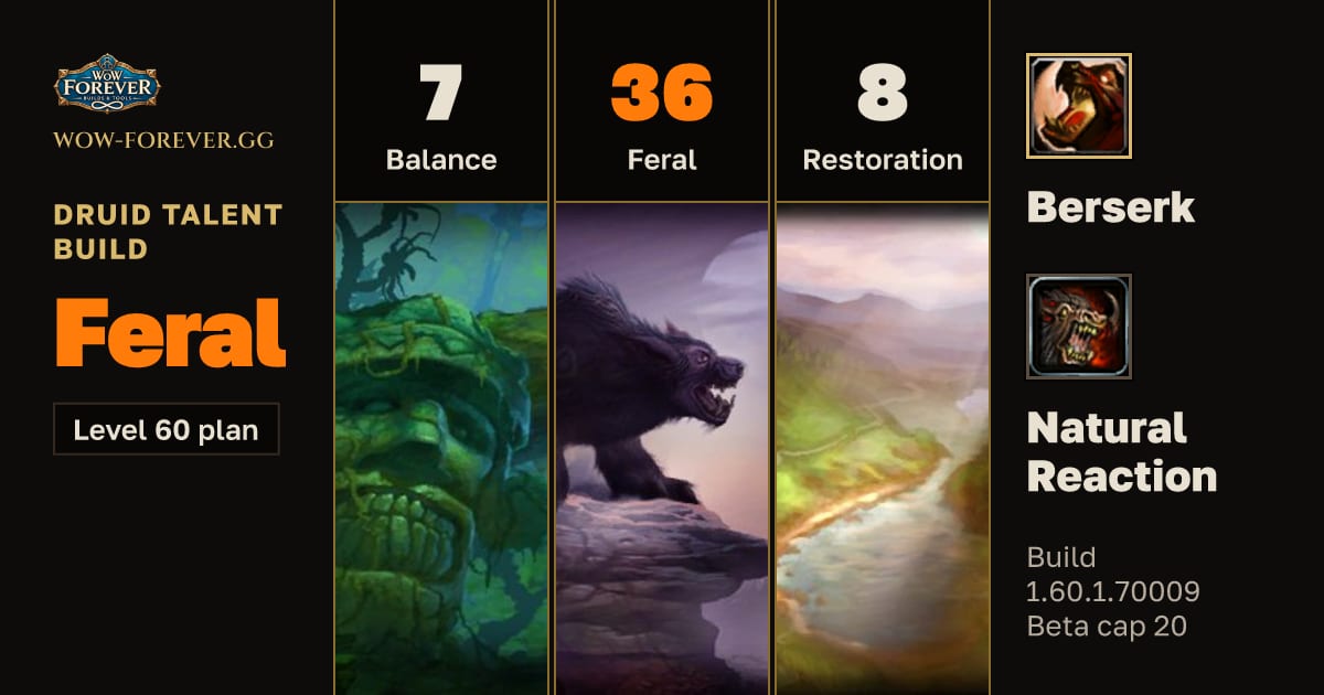 The preview card for Druid 7/36/8 Feral build for WoW Forever