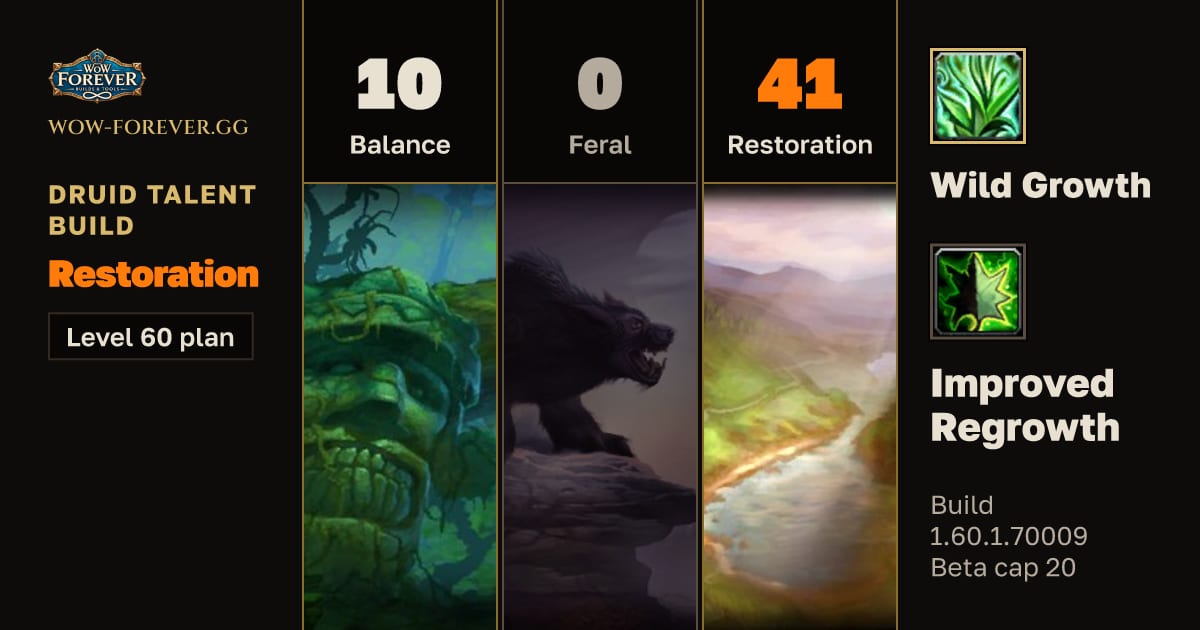 The preview card for Druid 10/0/41 Restoration build for WoW Forever