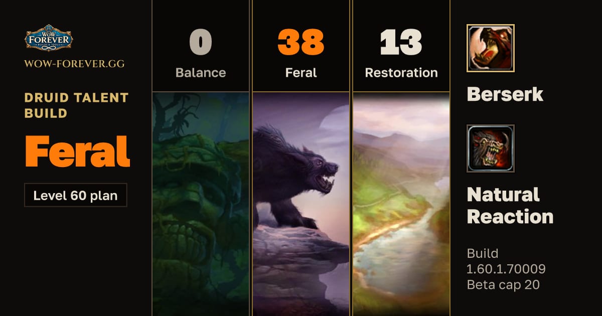 The preview card for Druid 0/38/13 Feral build for WoW Forever