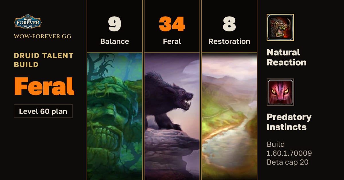 The preview card for Druid 9/34/8 Feral build for WoW Forever