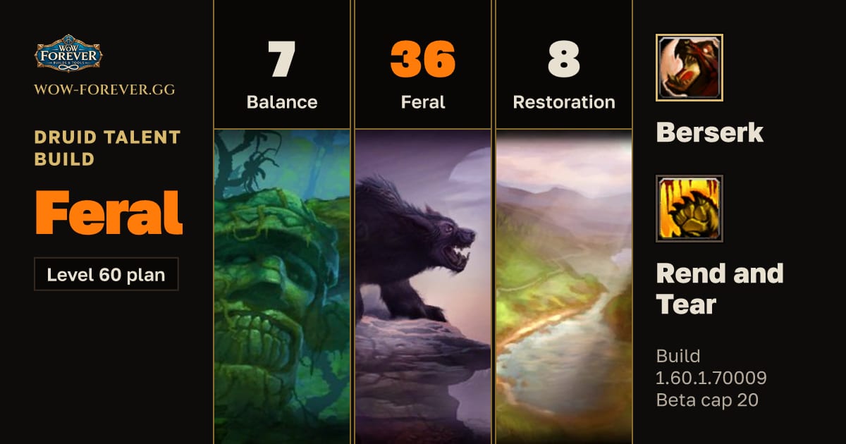The preview card for Druid 7/36/8 Feral build for WoW Forever