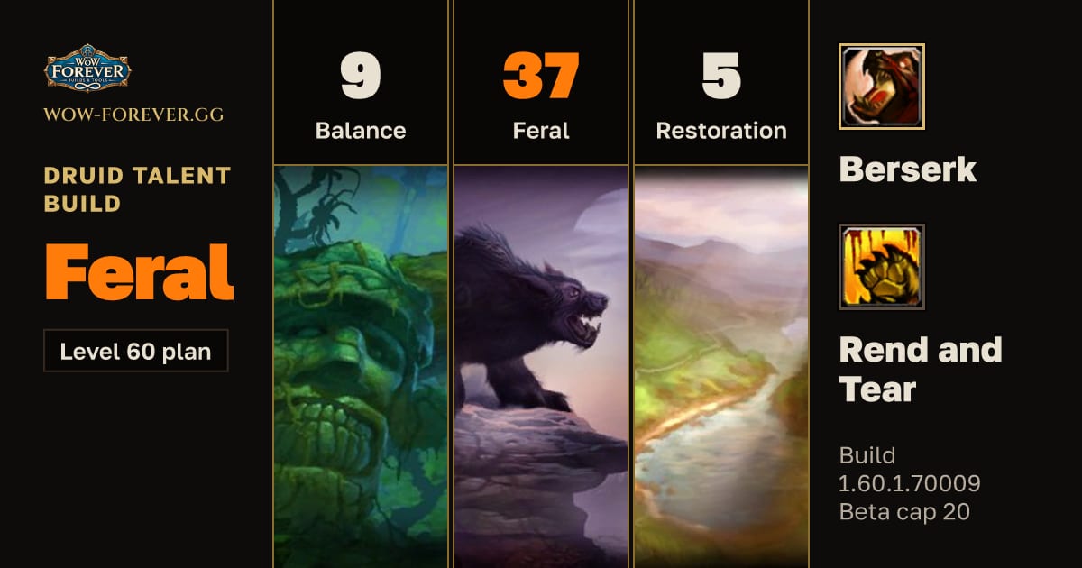 The preview card for Druid 9/37/5 Feral build for WoW Forever