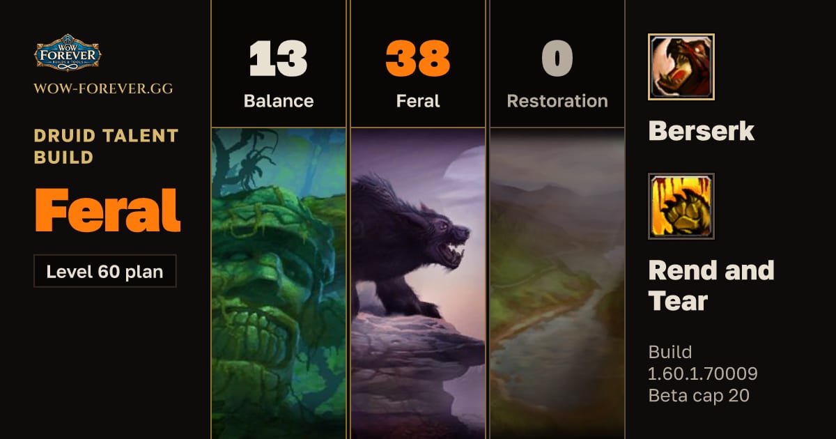 The preview card for Druid 13/38/0 Feral build for WoW Forever
