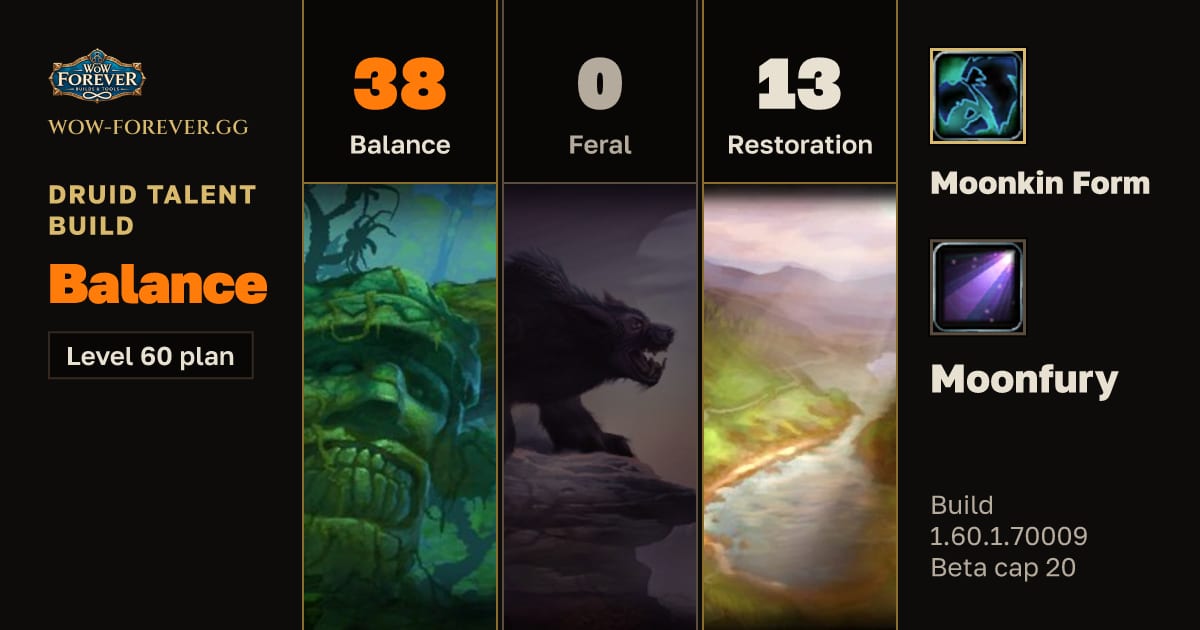 The preview card for Druid 38/0/13 Balance build for WoW Forever