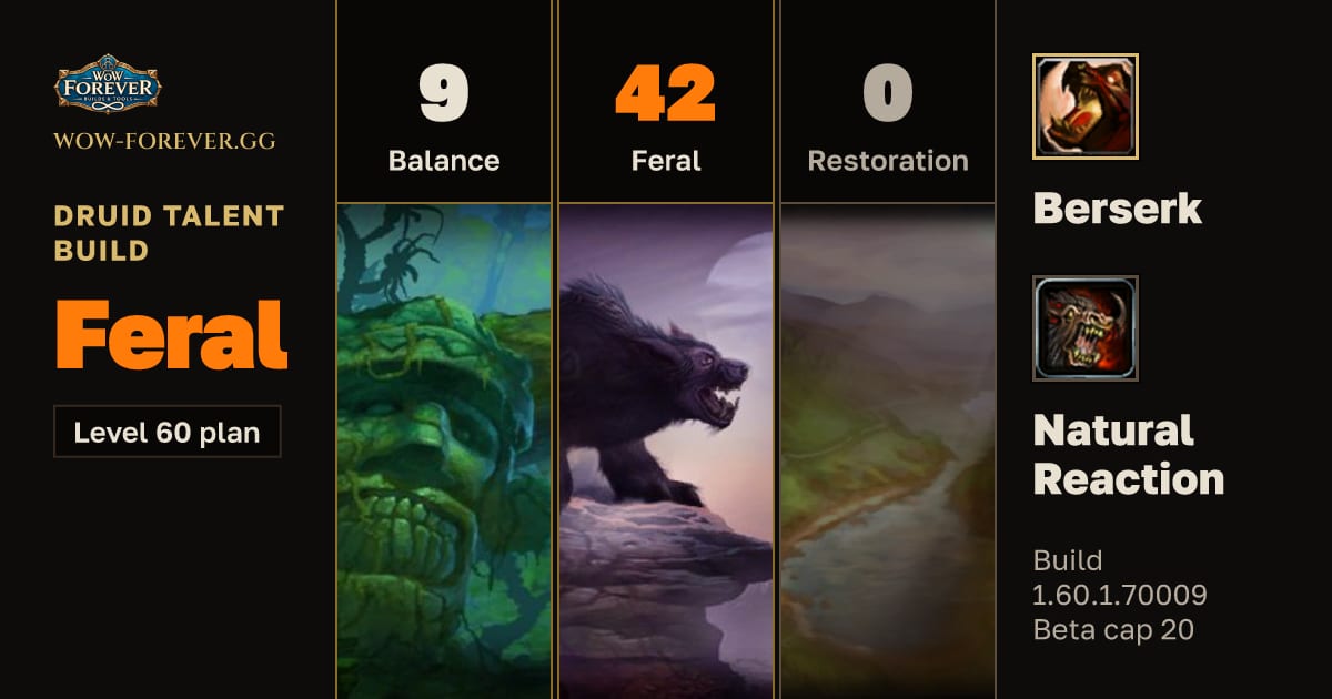 The preview card for Druid 9/42/0 Feral build for WoW Forever