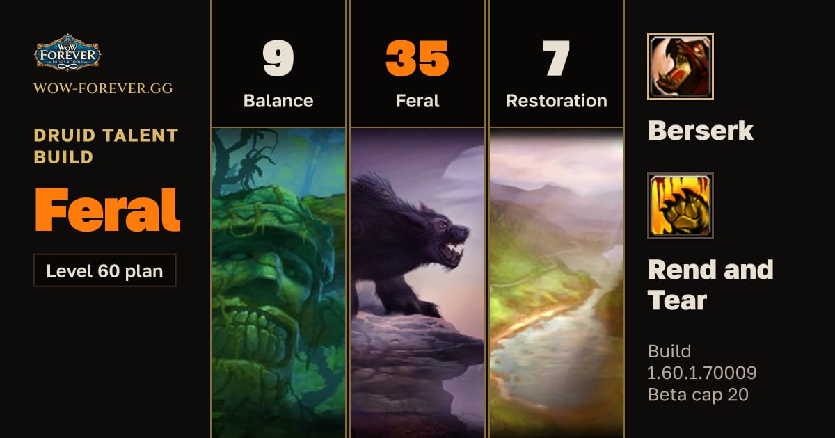 The preview card for Druid 9/35/7 Feral build for WoW Forever