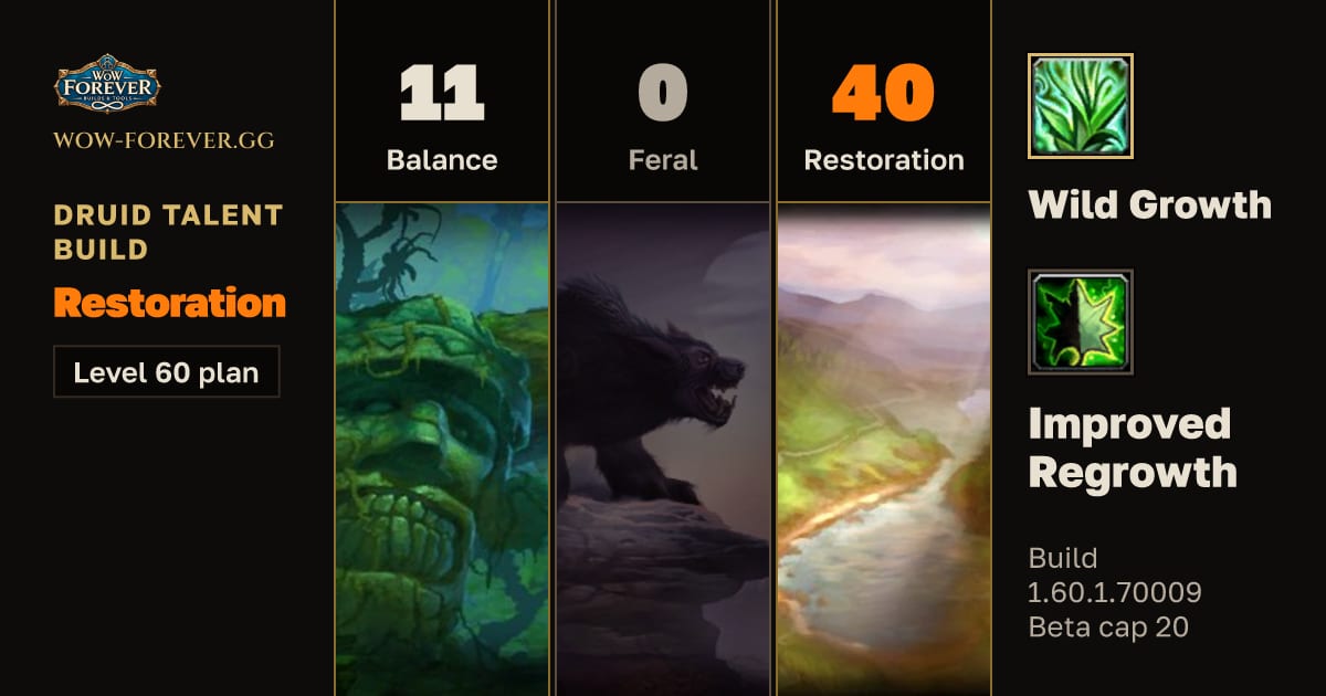 The preview card for Druid 11/0/40 Restoration build for WoW Forever