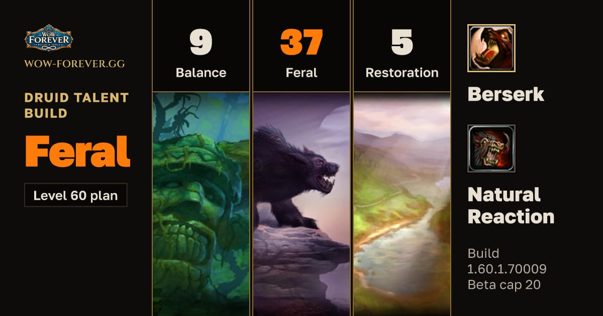 The preview card for Druid 9/37/5 Feral build for WoW Forever