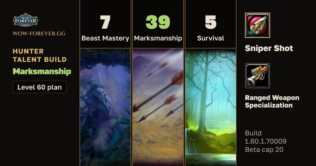 The preview card for Hunter 7/39/5 Marksmanship build for WoW Forever