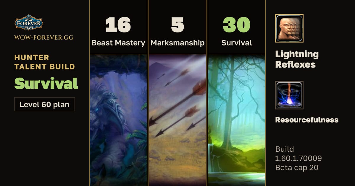 The preview card for Hunter 16/5/30 Survival build for WoW Forever