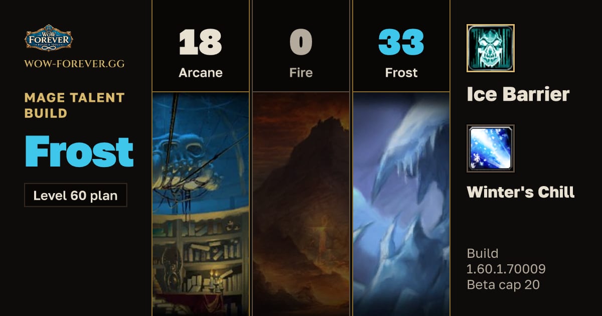 The preview card for Mage 18/0/33 Frost build for WoW Forever