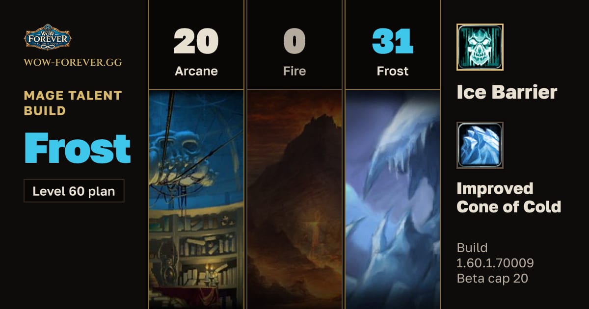 The preview card for Mage 20/0/31 Frost build for WoW Forever