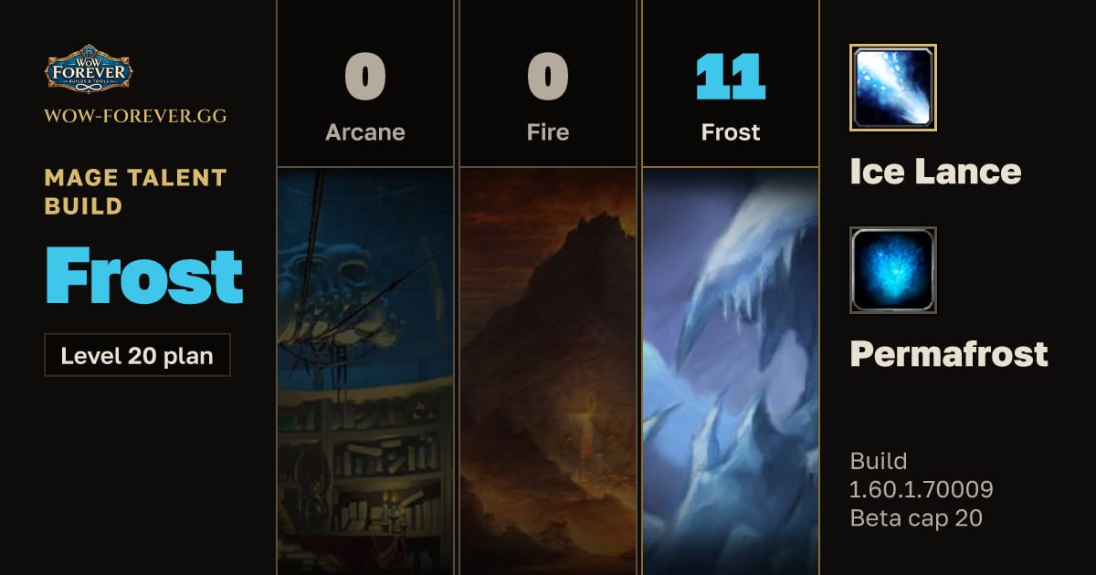 The preview card for Mage 0/0/11 Frost build for WoW Forever