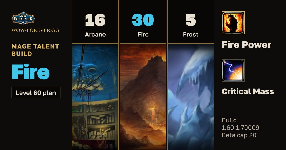 The preview card for Mage 16/30/5 Fire build for WoW Forever