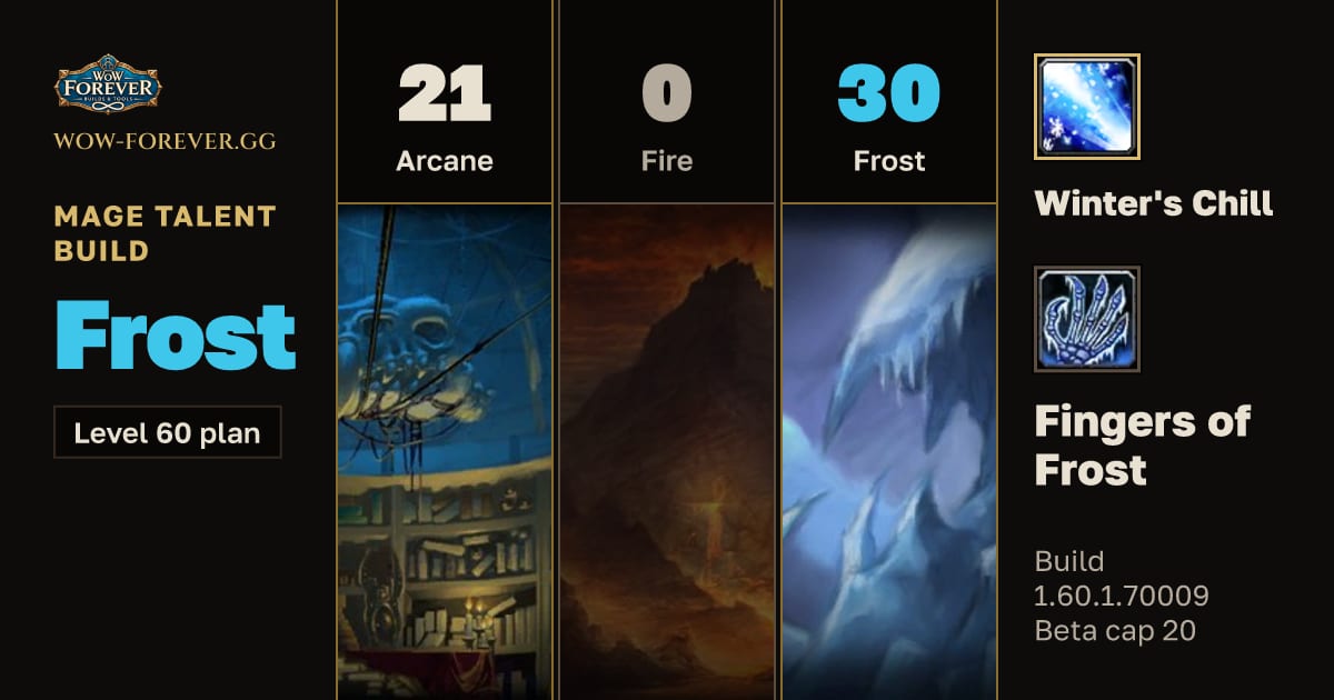 The preview card for Mage 21/0/30 Frost build for WoW Forever