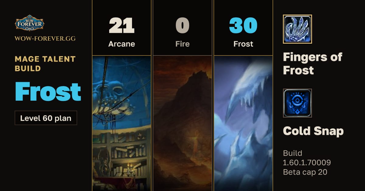 The preview card for Mage 21/0/30 Frost build for WoW Forever