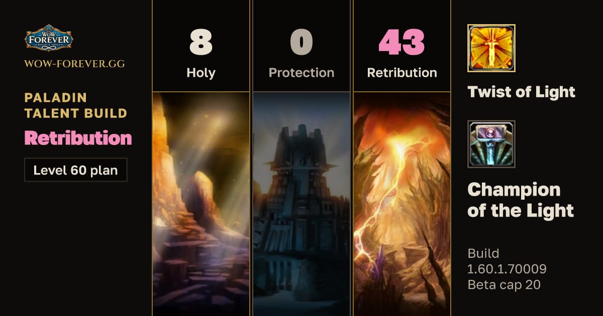 The preview card for Paladin 8/0/43 Retribution build for WoW Forever