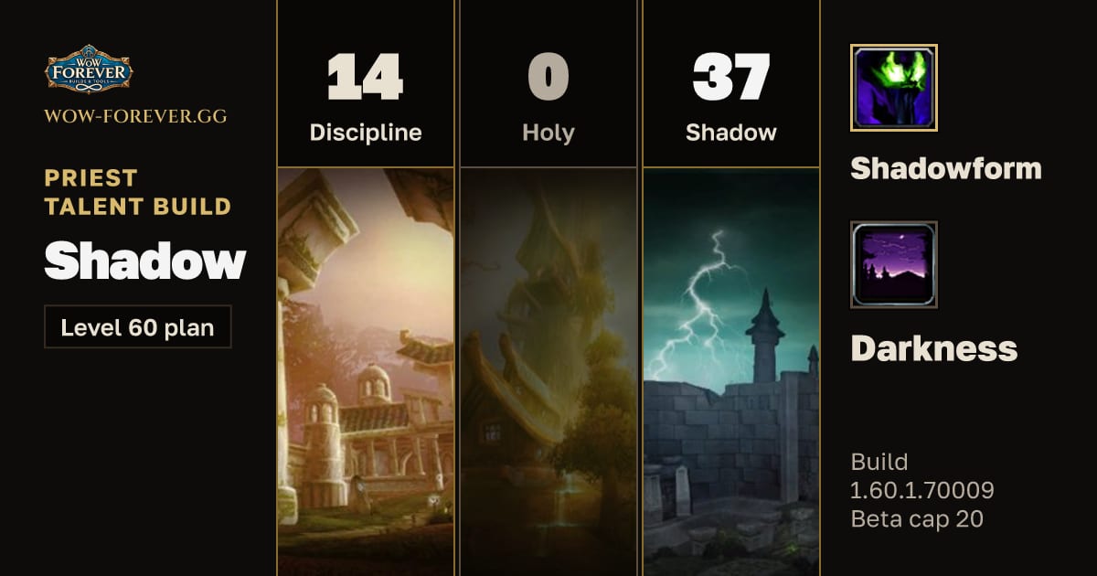 The preview card for Priest 14/0/37 Shadow build for WoW Forever