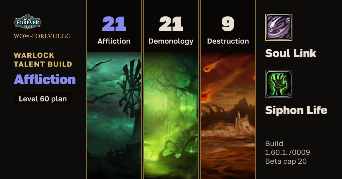 The preview card for Warlock 21/21/9 Affliction build for WoW Forever