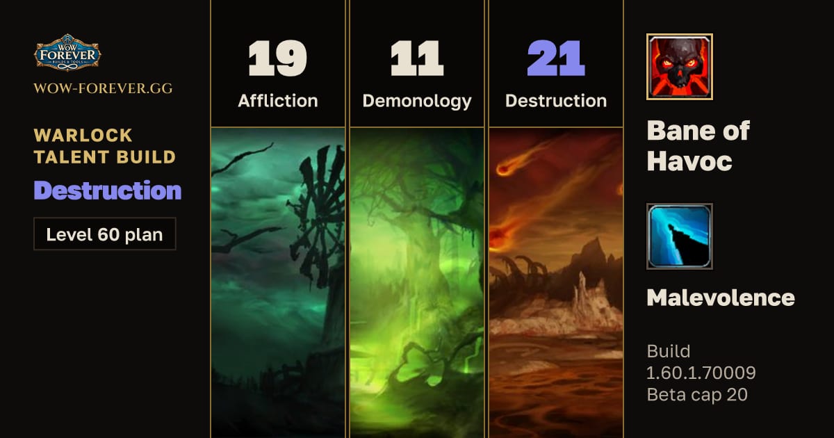 The preview card for Warlock 19/11/21 Destruction build for WoW Forever