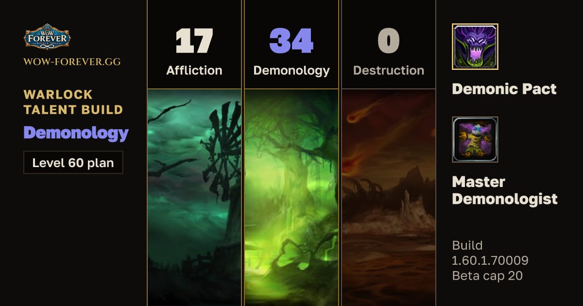 The preview card for Warlock 17/34/0 Demonology build for WoW Forever