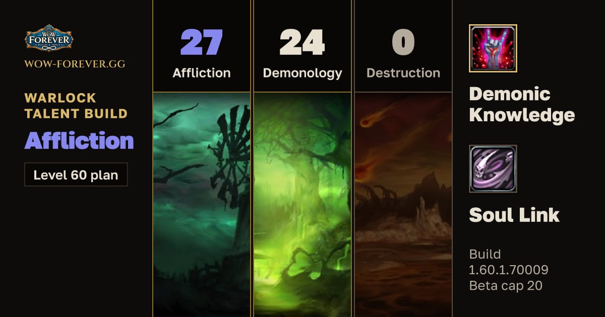The preview card for Warlock 27/24/0 Affliction build for WoW Forever