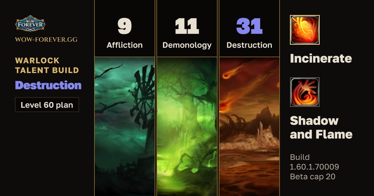 The preview card for Warlock 9/11/31 Destruction build for WoW Forever