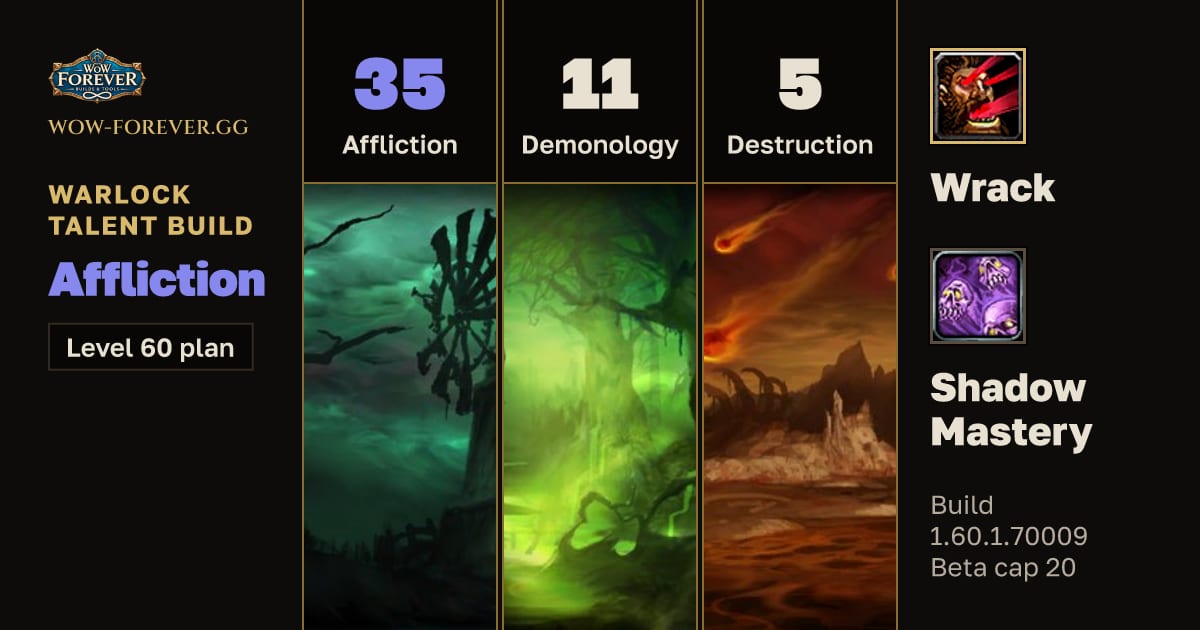 The preview card for Warlock 35/11/5 Affliction build for WoW Forever
