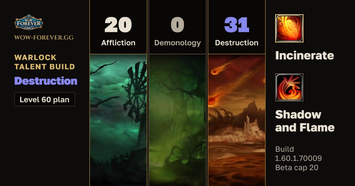 The preview card for Warlock 20/0/31 Destruction build for WoW Forever