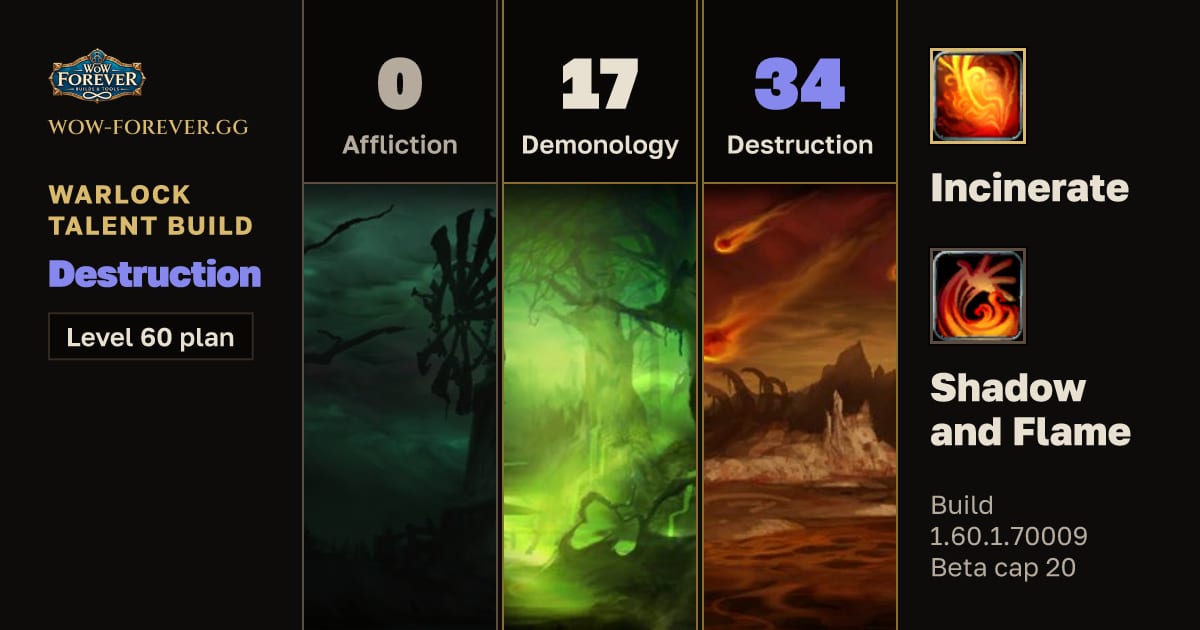 The preview card for Warlock 0/17/34 Destruction build for WoW Forever