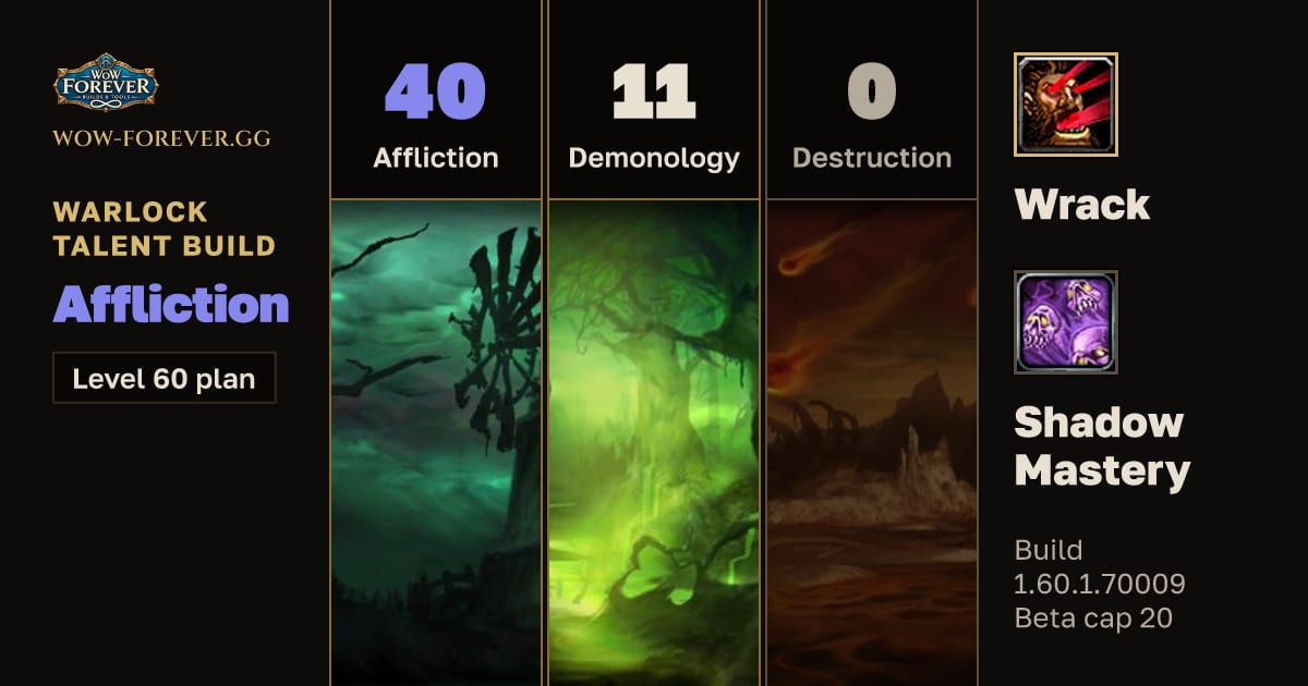 The preview card for Warlock 40/11/0 Affliction build for WoW Forever