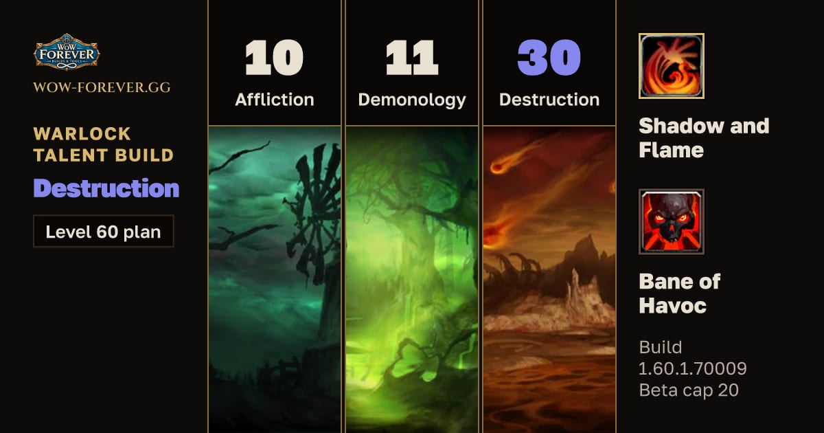 The preview card for Warlock 10/11/30 Destruction build for WoW Forever