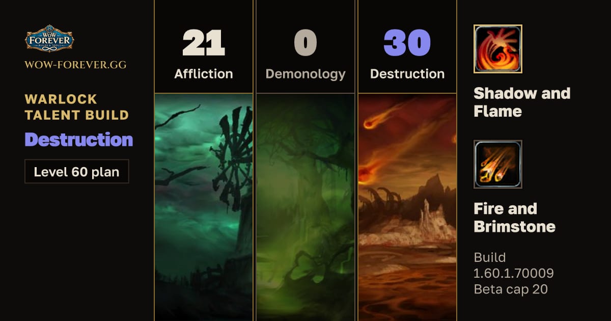 The preview card for Warlock 21/0/30 Destruction build for WoW Forever