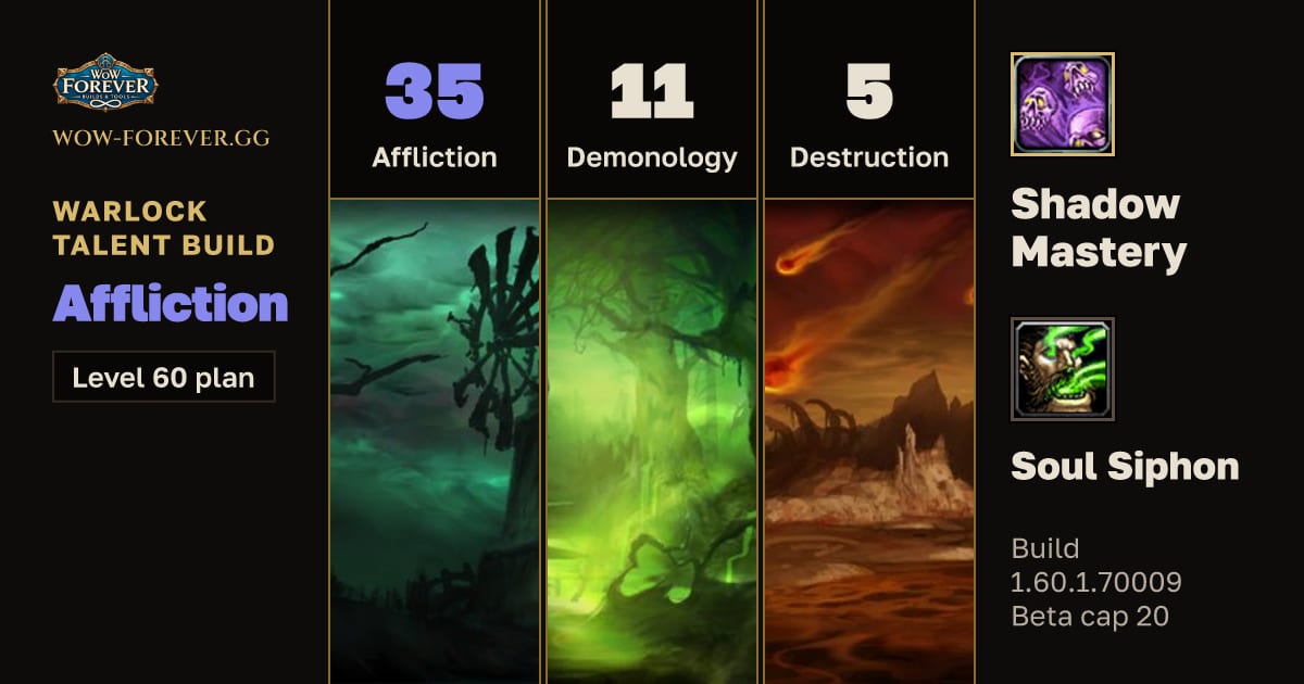 The preview card for Warlock 35/11/5 Affliction build for WoW Forever