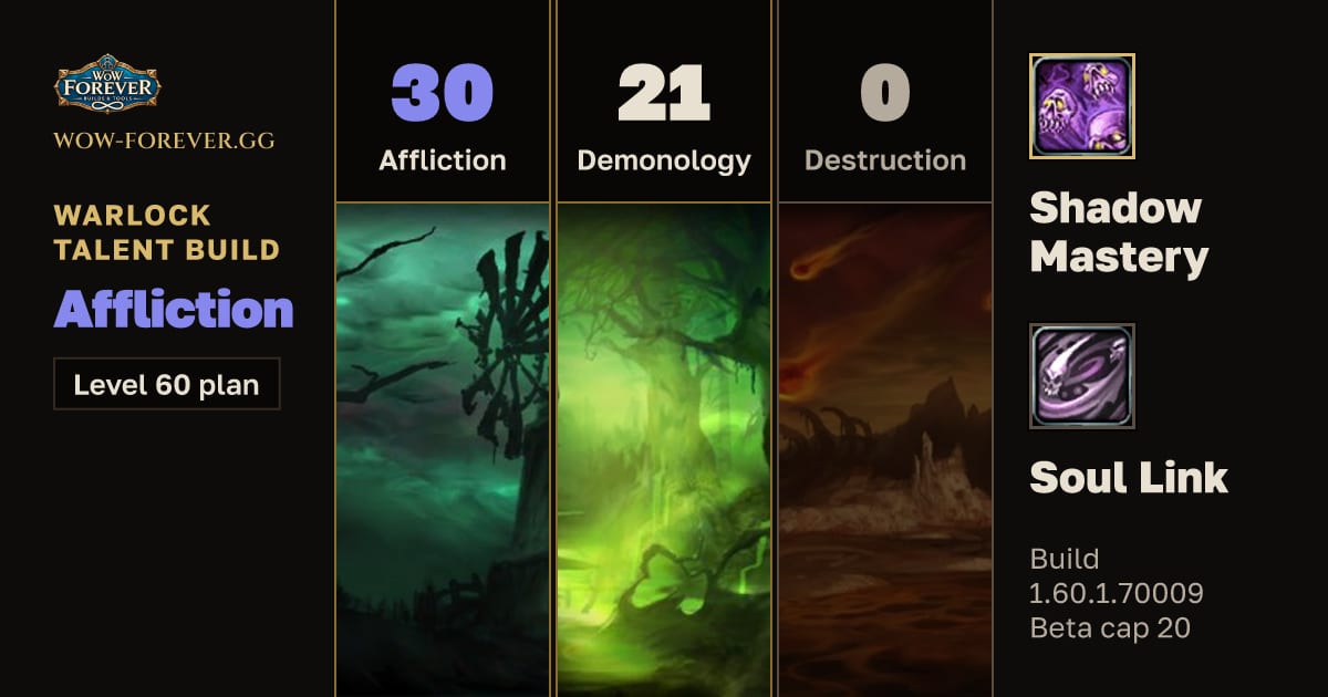 The preview card for Warlock 30/21/0 Affliction build for WoW Forever