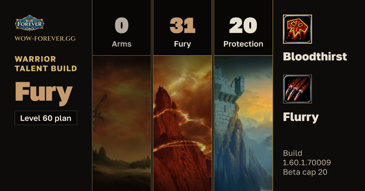 The preview card for Warrior 0/31/20 Fury build for WoW Forever