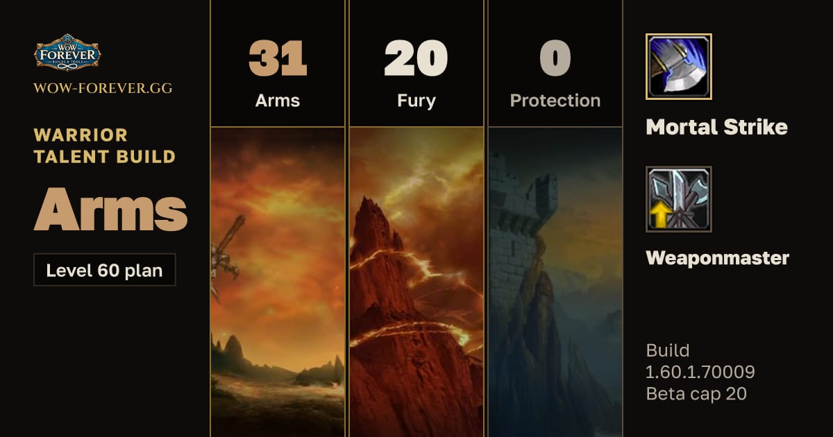The preview card for Warrior 31/20/0 Arms build for WoW Forever