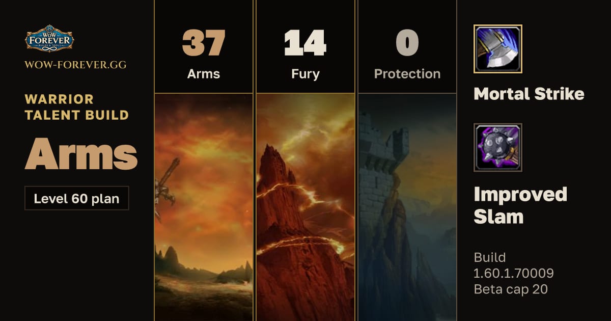 The preview card for Warrior 37/14/0 Arms build for WoW Forever
